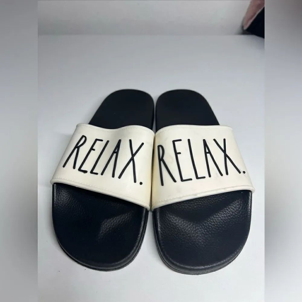 Rae Dunn Black Off White RELAX Slippers Slides Size 9 EUC